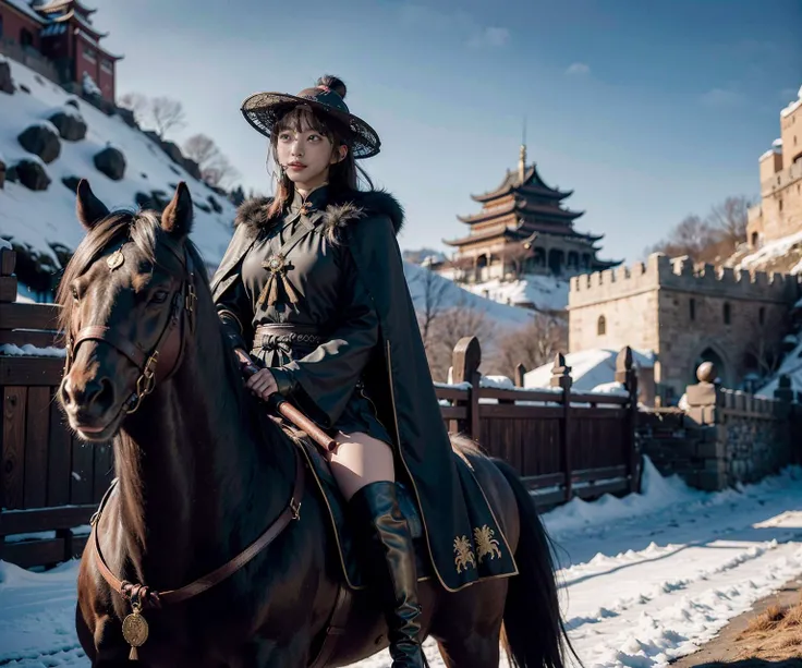 1girl dress like move The Flying Swords of Dragon Gate, big_breasts, bamboo_hat, black_linen_clothes,furry_cape,furry_cloak, furry_coat, horseback_riding, horse, Ancient Chinese fortresses background, city walls, desert, snow, outdoors, realistic, riding, masterpiece, best quality, 8k, photorealistic,