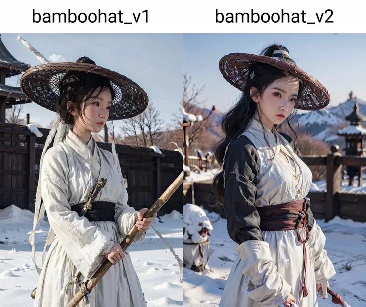 1girl dress like movie The Flying Swords of Dragon Gate, breasts_outline, big_breasts, snow, linen_clothes, bamboo_hat, masterpiece, best quality, 8k, photorealistic, <lora:bamboohat_v1:0.8>