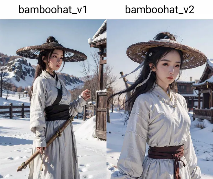 1girl dress like movie The Flying Swords of Dragon Gate, bamboo_hat, breasts_outline, big_breasts, snow, linen_clothes, masterpiece, best quality, 8k, photorealistic, <lora:bamboohat_v1:0.6>