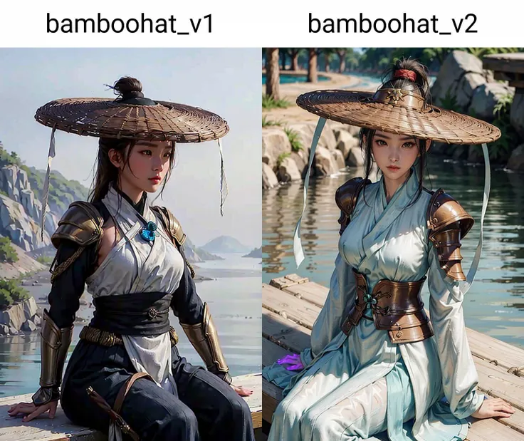 1girl dress like movie The Flying Swords of Dragon Gate, bamboo_hat, breasts_outline, big_breasts,  ((armor)), sitting, river, linen_clothes, masterpiece, best quality, 8k, photorealistic, <lora:bamboohat_v1:0.56>