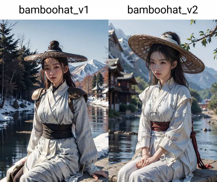 1girl dress like movie The Flying Swords of Dragon Gate, bamboo_hat, breasts_outline, big_breasts, snow, sitting, river, linen_clothes, masterpiece, best quality, 8k, photorealistic, <lora:bamboohat_v1:0.55>