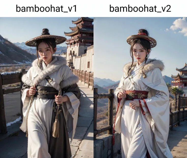 1girl dress like movie The Flying Swords of Dragon Gate, breasts_outline, chinese traditional temple, desert, snow, Ancient Chinese fortresses background, city walls, cape, furry_coat, furry_cloak, linen_clothes, bamboo_hat, masterpiece, best quality, 8k, photorealistic, <lora:bamboohat_v1:0.44>