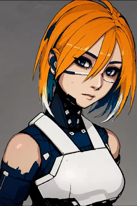 <lora:planya_v2-13:0.75> planya, blue eyes, short hair, blonde hair, multicolored hair, ahoge, hair between eyes, eyeshadow, high detailed, medium breasts, full body, looking to the side,, <lora:Signalis:0.9> signalis, pixilated, face augements,