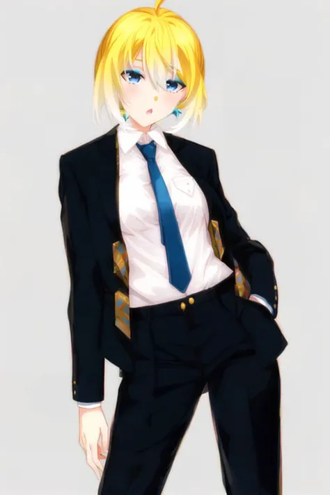 1girl, :o, <lora:planya:0.95>, blue eyes, short hair, blonde hair, multicolored hair, ahoge, hair between eyes, makeup (medium breasts:1.1), collared shirt, cowboy shot, formal, grey background, hand in pocket, black (jacket:0.8), long sleeves, looking to the side, loose necktie, monochrome, necktie, open clothes, pants, shirt, simple background, solo, suit, unbuttoned, undone necktie