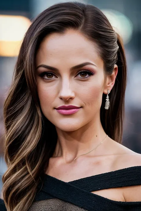 photo of beautiful (minkelly:0.99), a woman with beautiful hair, hair upsweep updo, as a movie star in a (movie premiere), premiere gala, (near a movie theatre), natural skin texture, (elegant black sweater off-shoulder), (suspenders:1.1), 24mm, 4k textures, soft cinematic light, adobe lightroom, photolab, hdr, intricate, elegant, highly detailed, sharp focus, ((((cinematic look)))), soothing tones, insane details, intricate details, hyperdetailed, low contrast, soft cinematic light, exposure blend, hdr, faded, (paparazzi in background), (painted lips:1.1), ((looking straight at the camera:1.1))