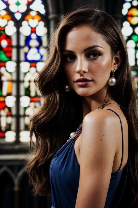 photo of beautiful (minkelly:0.99), a woman, perfect hair, (modern photo, Construction Orange wrap dress, pearl earrings, and slingback pumps, jewelry), closeup portrait, 85mm lens, (analog, cinematic, film grain:1.3), (A moody gothic cathedral with stained glass windows:1.2), ((detailed eyes)), (epicPhoto), (color picture:1.1), (looking at viewer), colorful