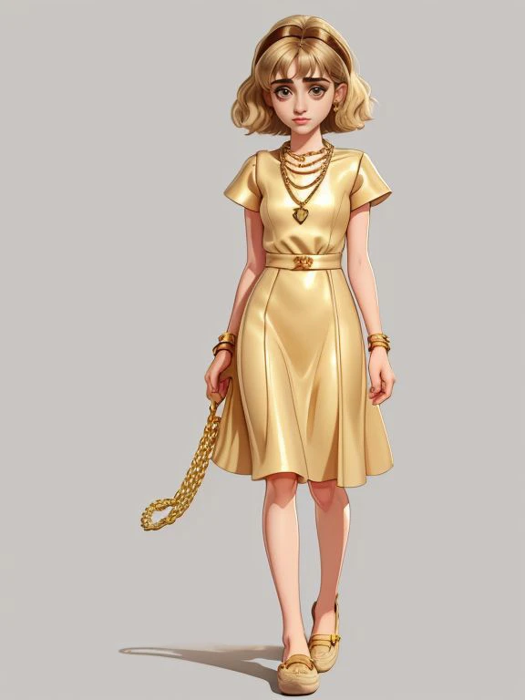 Natalia Dyer , official art style outfit, midi dress, gold chain necklace, and espadrilles ,
