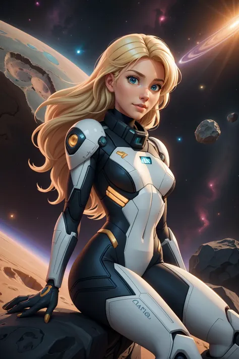 (high quality, best quality, official art:1.2), (game cg:1.1), blonde female cowboy sitting on an asteroid flying through outher space,