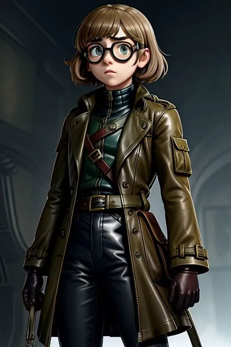 Maisie Williams , trench coat, leather gloves, aviator goggles
glossy skin, smooth skin,