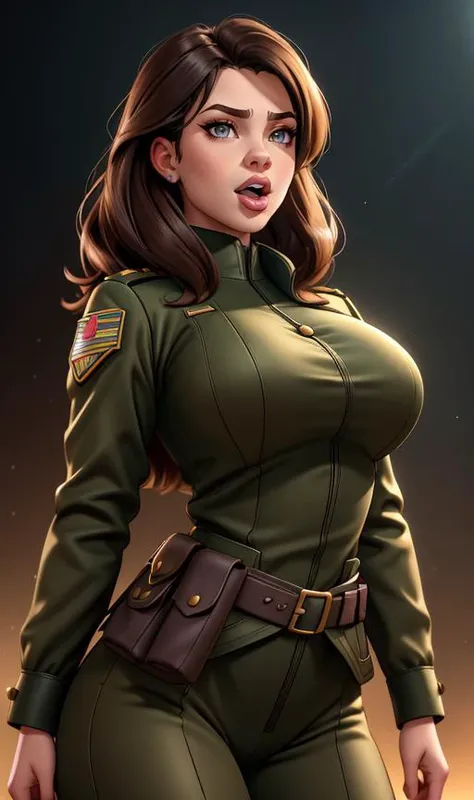 photo of a woman opening mouth, military outfit, simple background, waist-up portrait, middle breasts, brunette hair
three-quarter figure portrait,
4k, UHD, eff0rtless_elixir