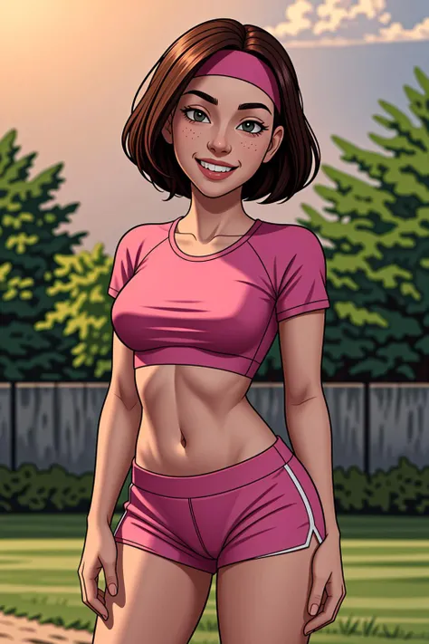 <lora:LCM_LoRA_Weights_SD15:1> young 18 year Caucasian girl, (detail skin texture, ultra-detailed body), atmospheric scene, masterpiece, best quality,(cinematic light), solo, midriff, smile, navel, white crop top, brown hair, shirt, grin, outdoors, standing, pink headband, sport shorts