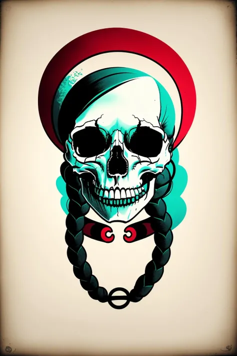 Skull head only,cartoon,Long neon green braided Hair with Pony,rockabilly stil,dotted Red white bow in Hair,black Background,outlines