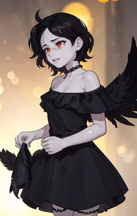 (Black theme:1.7),(Black feathers:1.2), tears,extremely detailed CG unity 8k wallpaper,illustration,lens 135mm,masterpiece, best quality,lens flare,dynamic angle ,dramatic angle ,cinematic angle ,intense angle ,young girl,over-kneehighs,off-shoulder,naughty face,aquagradient eyes,(white_hair:1.12),Medium hair,Ahoge,red eyes,black dress,lace-trimmed dress,frilled dress,greyscale,cowboy shot,(Splashing light),Backlighting,Accent Lighting,incredibly_absurdres,thigh strap,choker,(Refracted rays:1.2),Low wings,(Chains:1.1),(Bokeh:1.4),depth of field,,Deep focus,((disheveled hair)),looking away,Expressionless,, masterpiece, best quality,