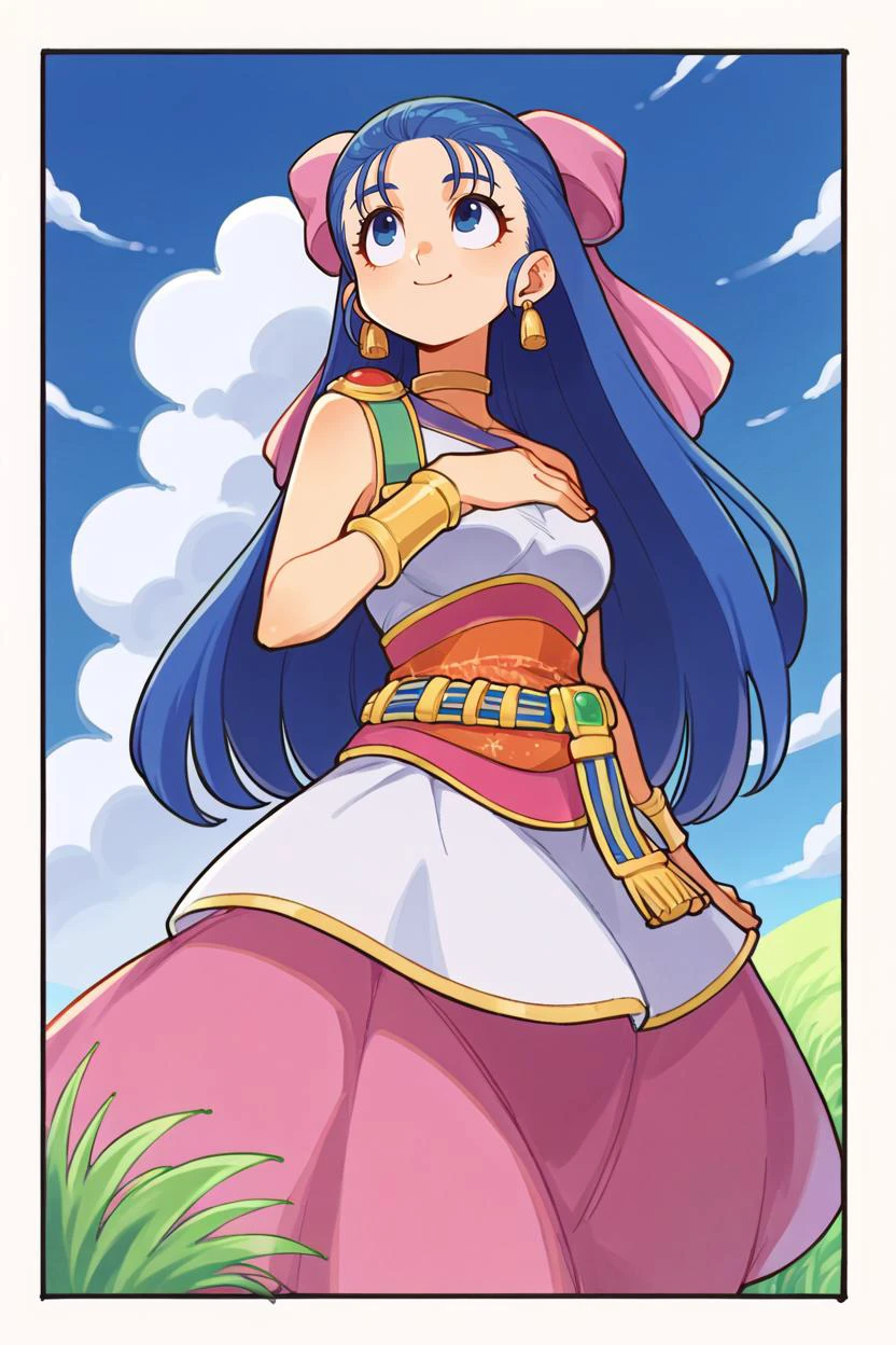 score_9, score_8_up, score_7_up, score_6_up, source_anime, BREAK 1girl, <lora:nera-pdxl-nvwls-v1-000006:1> nera, hair bow, forehead, bangs, bracelet, choker, earrings, long dress, sash, smile, looking up, from side, field, blue sky, medium breasts <lora:traditional_slider_v1_NEGWEIGHT:-1> border