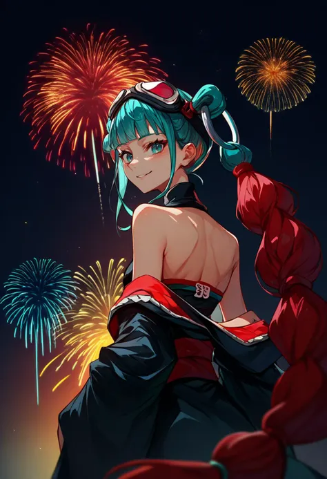 score_9, score_8_up, score_7_up, source_anime, from behind, solo, 1girl, magicalmiku2023, smile, looking back, twintails, streaked hair, aqua hair, red hair, detached hair, braid, goggles on head, black kimono, off shoulder, red sash, bare shoulders, fireworks <lora:vocaloid_magicalmiraimiku2023_ponyXL:1>