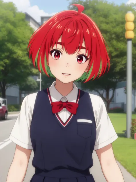 masterpiece, best quality,
 <lora:kana fujii s1-lora-nochekaiser:0.8> kana fujii, short hair, bangs, (red eyes:1.3), ahoge, red hair, multicolored hair, green hair, two-tone hair, thick eyebrows
standing, school uniform,