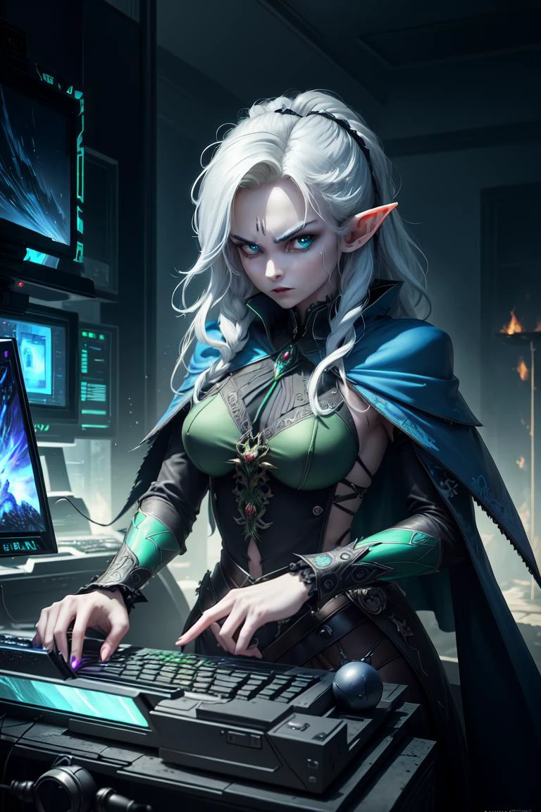 GreenTeamStyle, (high quality:1.2), (best quality:1.2), (masterpiece:1.2), official art, official wallpaper, surreal, (Elves angry with a computer, computer on fire, blue screen of death, sinister, gloomy, technology horror:1.2) (detailed:1.05), (extremely detailed:1.06), sharp focus, (intricate:1.03), (extremely intricate:1.04), (epic scenery:1.09), vibrant colors, (beautiful scenery:1.08), (detailed scenery:1.08), (intricate scenery:1.07), (wonderful scenery:1.05), beautiful face,