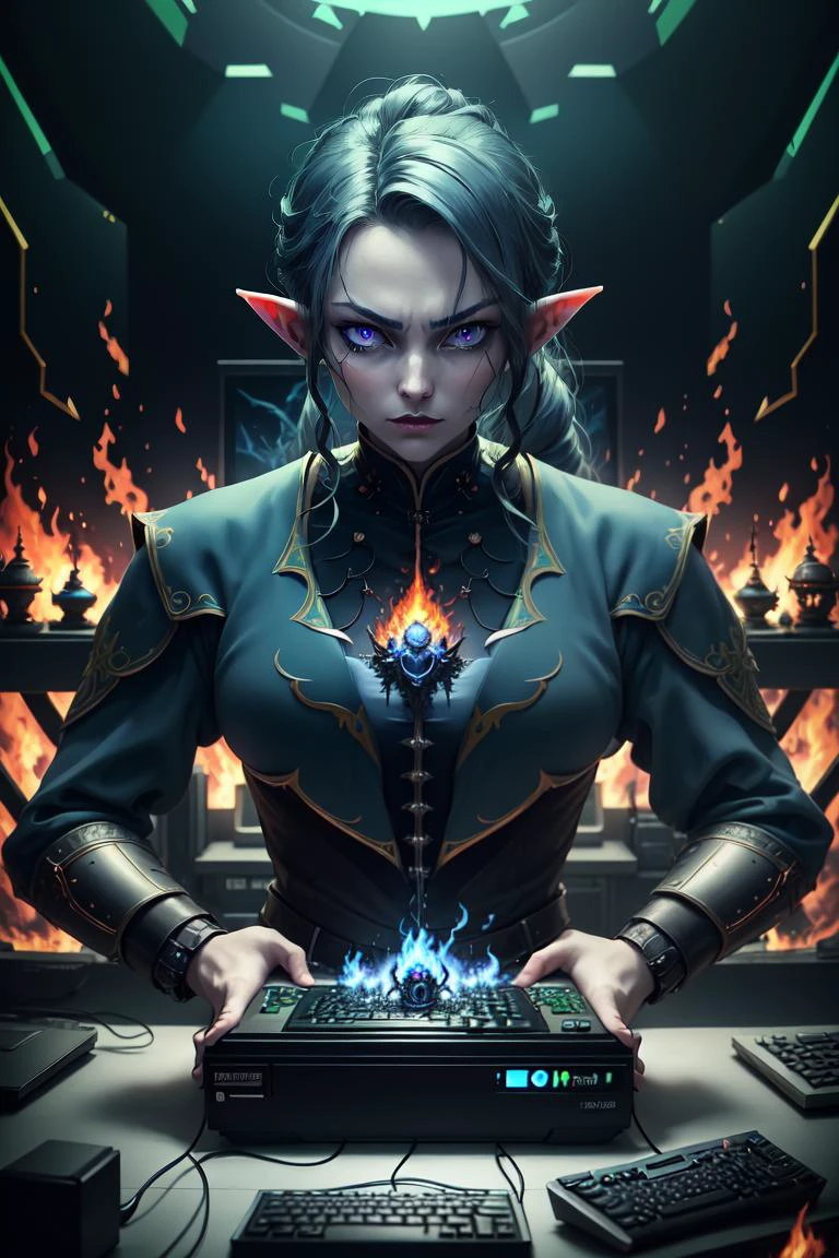GreenTeamStyle, (high quality:1.2), (best quality:1.2), (masterpiece:1.2), official art, official wallpaper, surreal, (Elves angry with a computer, computer on fire, blue screen of death, sinister, gloomy, technology horror:1.2) (detailed:1.05), (extremely detailed:1.06), sharp focus, (intricate:1.03), (extremely intricate:1.04), (epic scenery:1.09), vibrant colors, (beautiful scenery:1.08), (detailed scenery:1.08), (intricate scenery:1.07), (wonderful scenery:1.05), beautiful face,