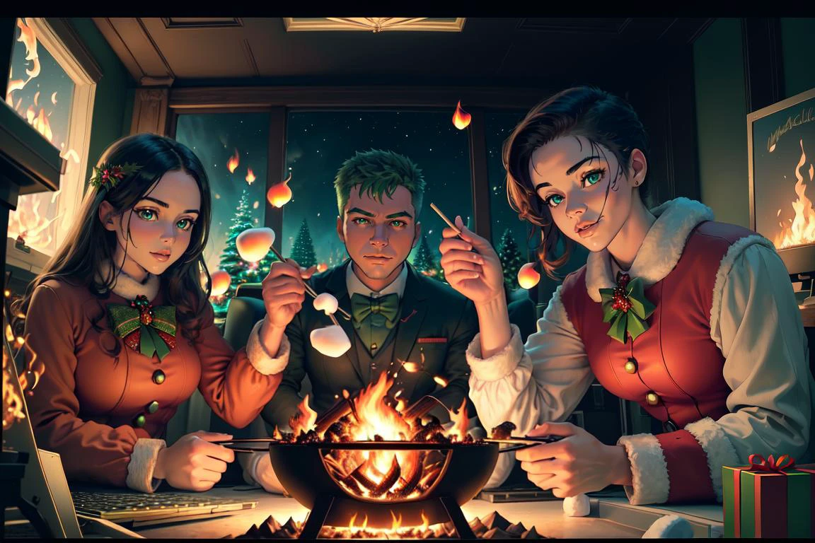 GreenTeamStyle, (high quality:1.2), (best quality:1.2), (masterpiece:1.2), official art, official wallpaper, surreal, (Roasting marshmallows over computer fires: the true spirit of Christmas:1.2) (detailed:1.05), (extremely detailed:1.06), sharp focus, (intricate:1.03), (extremely intricate:1.04), (epic scenery:1.09), vibrant colors, (beautiful scenery:1.08), (detailed scenery:1.08), (intricate scenery:1.07), (wonderful scenery:1.05), beautiful face,