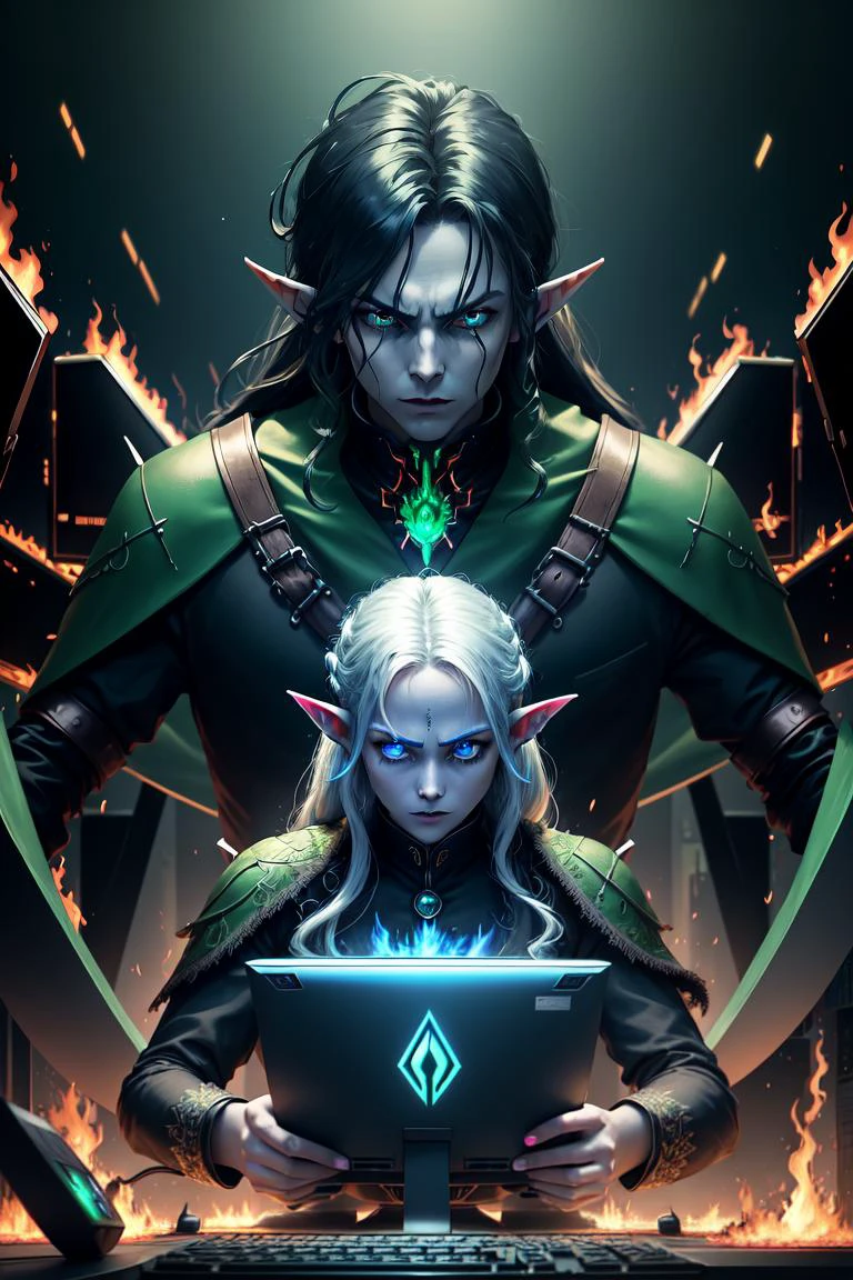 GreenTeamStyle, (high quality:1.2), (best quality:1.2), (masterpiece:1.2), official art, official wallpaper, surreal, (Elves angry with a computer, computer on fire, blue screen of death, sinister, gloomy, technology horror:1.2) (detailed:1.05), (extremely detailed:1.06), sharp focus, (intricate:1.03), (extremely intricate:1.04), (epic scenery:1.09), vibrant colors, (beautiful scenery:1.08), (detailed scenery:1.08), (intricate scenery:1.07), (wonderful scenery:1.05), beautiful face,