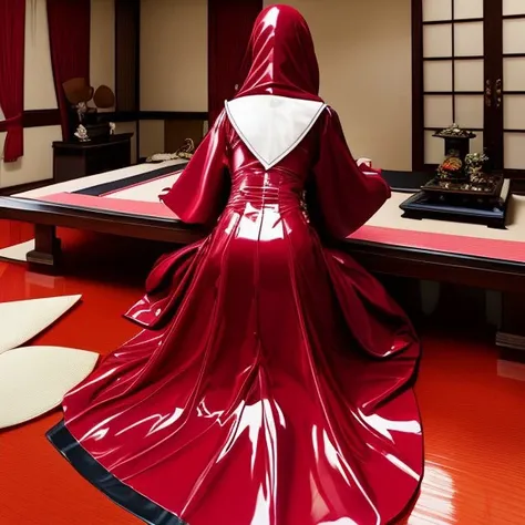 A woman shrouded in a 4-meter-long, plush red satin cloth, tightly bound and grandly draping along the form of her body, flowing off into a pooled floor-length train, styled in a mermaid-inspired outfit, her head modestly veiled in a satin hijab, in class room, a full-body pose conveying a sense of mysterious elegance, captured in a 4k resolution, ultra-realistic