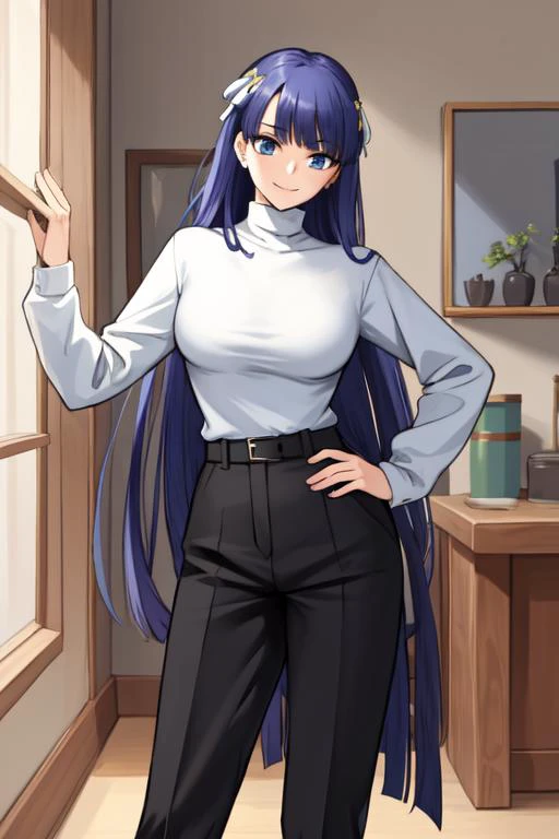 masterpiece, best quality, absurdres, perfect antomy, Martha, cowboy shot, standing, smile, indoors, Turtleneck, wide-leg pants