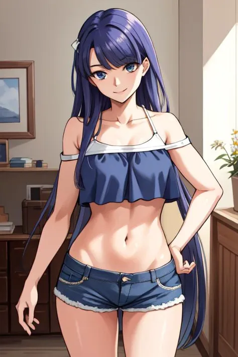 masterpiece, best quality, absurdres, perfect antomy, Martha, cowboy shot, standing, smile, indoors, Off-the-shoulder top, denim shorts