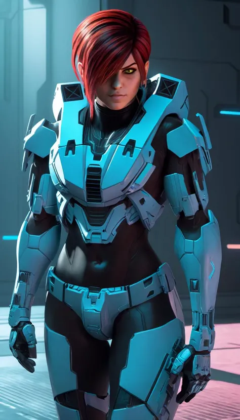 breathtaking rvb agent Carolina, (reimagined in a cyberpunk universe), (cyberpunk style), (cyberpunk outfit), (punk hair), augmentation, (cyberpunk), cybernetics, cinematic scene, hero view, action pose, beautiful 8k, detailed background, masterpiece, best quality, high quality, absurdres, vivid <lora:agent_carolina_xl_v1:1> . award-winning, professional, highly detailed