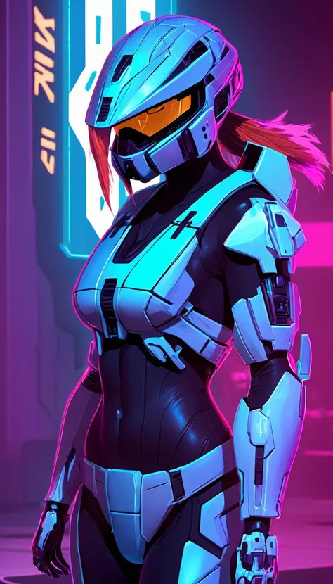concept art rvb agent Carolina, (reimagined in a cyberpunk universe), (cyberpunk style), (cyberpunk outfit), (punk hair), augmentation, (cyberpunk), cybernetics, glowing neon lights, cinematic scene, hero view, action pose, beautiful 8k, detailed background, masterpiece, best quality, high quality, absurdres, vivid  <lora:agent_carolina_xl_v1:1> . digital artwork, illustrative, painterly, matte painting, highly detailed