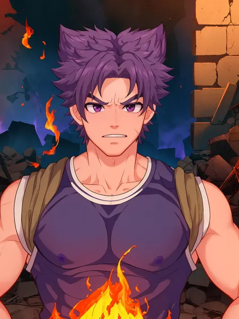 1boy,yoichi,face,fire,ruins,masterpiece, best quality, <lora:yoichi-2:1>