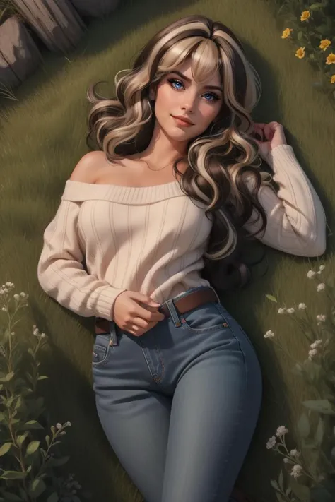 adult woman, 38 year old female, lying in grass, from above, sweater, jeans, nighttime, standing, cinematic, dramatic, 4k, HUD_TT_Wg_2, two-toned (brunette:1.2) and (blonde:0.9) wig,<lora:HUD_TT_Wg_2:0.65>, smirk