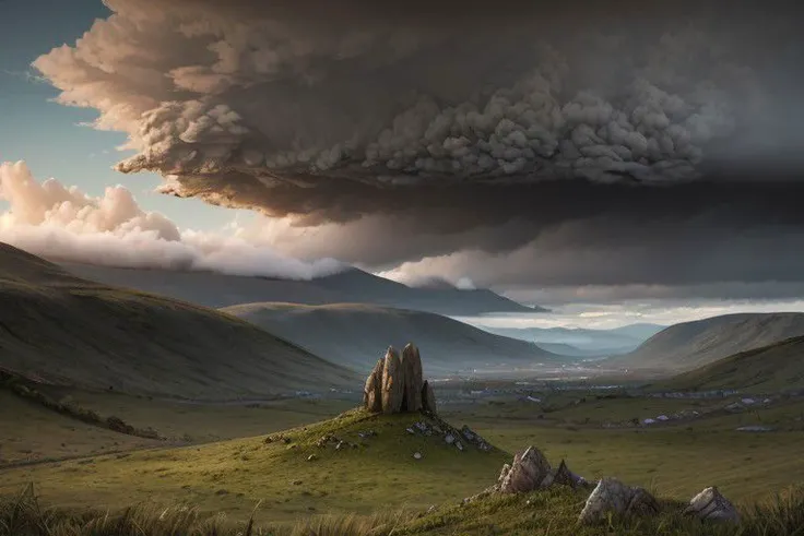 Ultra high resolution, 8k, extremely high quality, super detailed, extreme detail, hyperrealistic, extremely realistic, real, dark, huge grassy landscape, hills, cloudy, very few collapsed old buildings, depressing visuals, few small mountains in the distance, slightly creepy, apocalyptic, colorful, unidentifiable extraterrestial object among the clouds in the distance, remnants of the past,