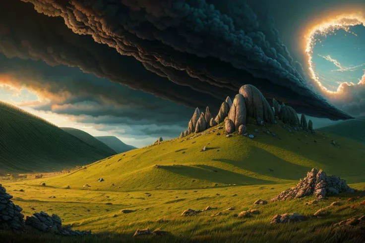 Ultra high resolution, 8k, extremely high quality, super detailed, extreme detail, hyperrealistic, extremely realistic, real, dark, huge grassy landscape, hills, cloudy, very few collapsed old buildings, depressing visuals, very small mountains far away, slightly creepy, apocalyptic, colorful, tiny alien object, very tiny ufo object among the clouds, remnants of the past, sunset, beautiful, astonishing, surreal,