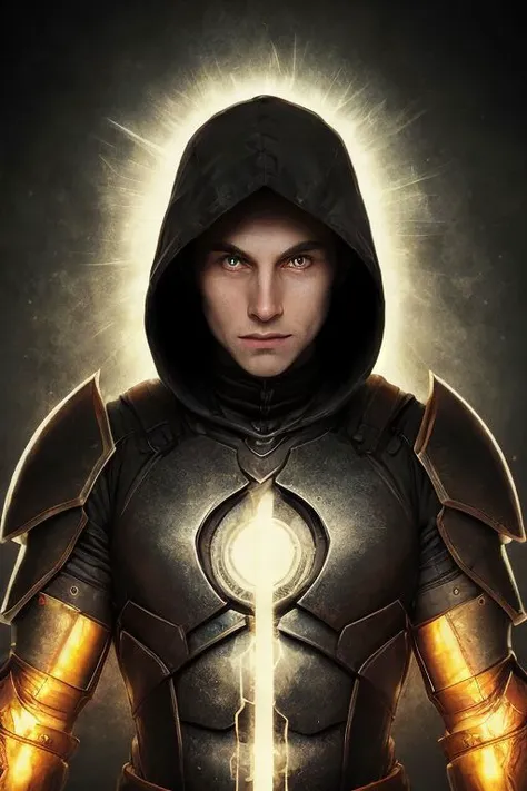 A dark ghostly male silhouette. Messenger of Gaa. Cracked skin. light armor. Cracked armor. Canvas hood. Runic circle. Elements. Power from inside. Glowing eyes. Bokeh blur. ral-dissolve.BadDream