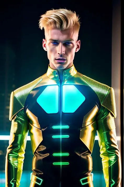 Experiment with a futuristic and tech-inspired fashion look featuring a 22-year-old blond male model in sleek, metallic-themed clothing. Utilize neon lights and a cyberpunk aesthetic for a cutting-edge and modern appeal, bokeh, extremely detailed, intricate, skin texture, film grain, HDR, 8k,hyper realistic, hard rim lighting, photography