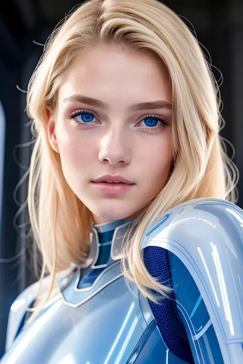 18 years old, wearing blue (transparent:1.2) science fiction clothes, exquisite face, blush, details, hands, ultimate details, breathtaking grandeur, LED internal lighting, cyberpunk style, fibre optic blond hair, photorealistic, looking at viewer, beautiful detailed eyes, light on face