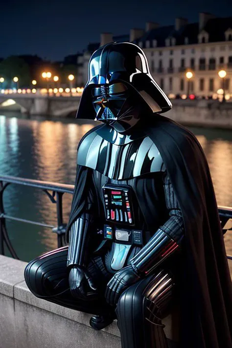 darth vader eating a strawbarry ice cream, sitting in the pont des arts, paris background, night, shallow depth of field, high-angle shot, indie film screencap, cinematic shot, dynamic lighting, 75mm, Technicolor, Panavision, cinemascope, sharp focus, fine details, 8k, HDR, realism, realistic, key visual, film still, cinematic color grading, depth of field