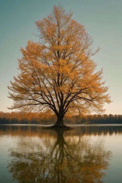 a lone tree in the middle of a body of water, breath-taking beautiful trees, breath - taking beautiful trees, autumn tranquility, very beautiful photo, perfect composition artem demura, national geographic photo, beautiful reflexions, beautiful photography, breathtaking composition, beautiful lake, nature wallpaper, national geographic photography, beautiful serene landscape, beautiful iphone wallpaper, amazing composition