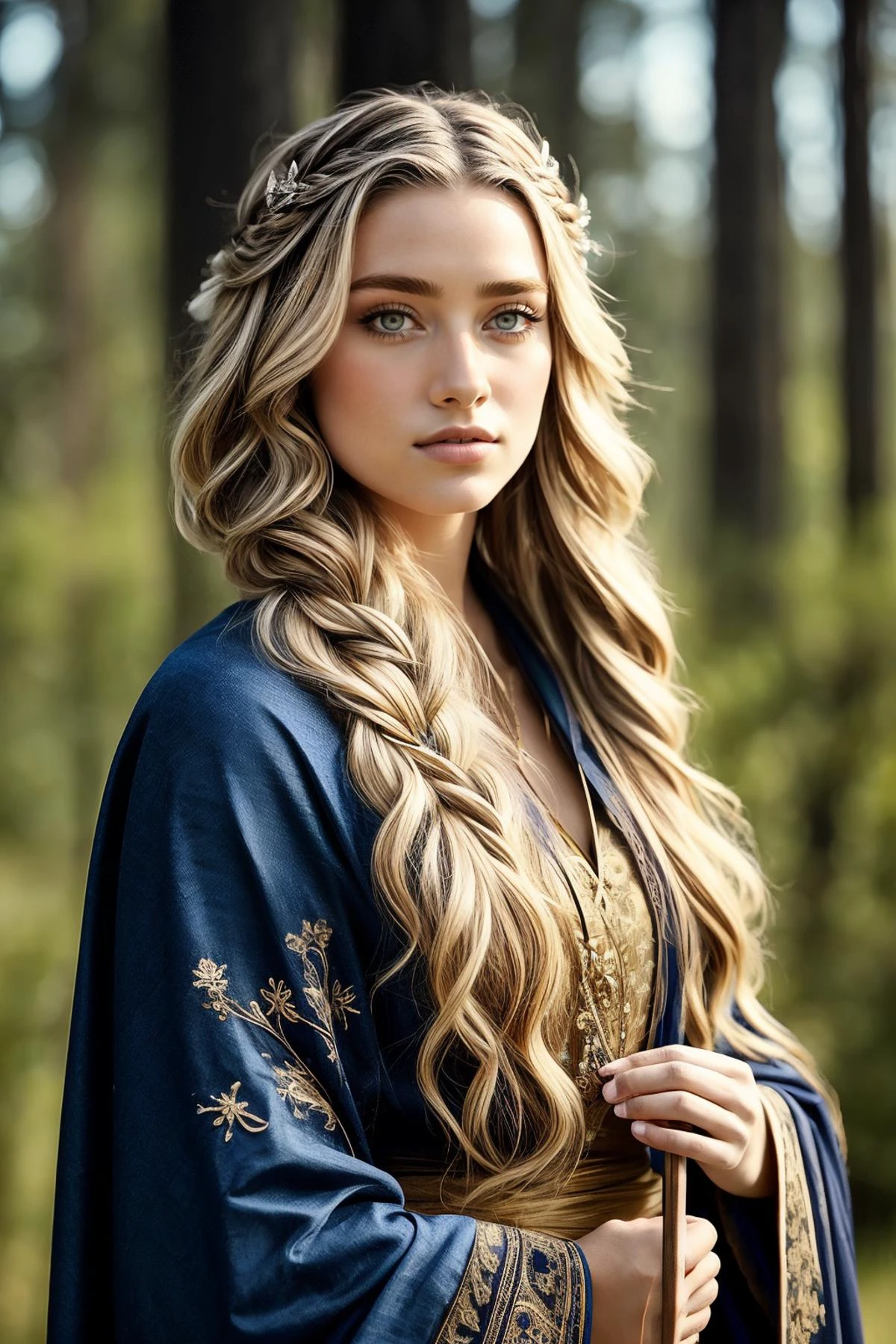 ((masterpiece)), 1girl, young , small breasts, medieval, fantasy, wiking, nordic, war paint wallpaper, official art, (( lunabijl face )) , ((cat eyes)), ((vertical pupil)) as (( Freydis, Runic Priestess: Freydis is a runic priestess, able to channel the power of the gods into her spells and prayers. Her long, black hair is shot through with silver strands, pulled back into a tight braid that ends at the base of her spine. She wears a robe of deep blue, woven with intricate runes and symbols that glow with a faint, otherworldly light. In her hand, she carries a staff topped with a gleaming crystal, the tip crackling with energy as she channels her magic. )), realistic, best quality, ultrasharp, ultradetailed, intricated details, , , vivid colors , full body shoot, strong shafows, deep of field , bokeh AS-YoungV2