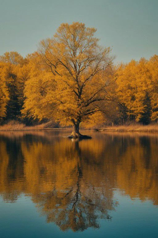 a lone tree in the middle of a body of water, breath-taking beautiful trees, breath - taking beautiful trees, autumn tranquility, very beautiful photo, perfect composition artem demura, national geographic photo, beautiful reflexions, beautiful photography, breathtaking composition, beautiful lake, nature wallpaper, national geographic photography, beautiful serene landscape, beautiful iphone wallpaper, amazing composition