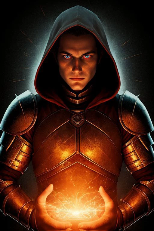 A dark ghostly male silhouette. Messenger of Gaa. Cracked skin. light armor. Cracked armor. Canvas hood. Runic circle. Elements. Power from inside. Glowing eyes. Bokeh blur. ral-dissolve.BadDream