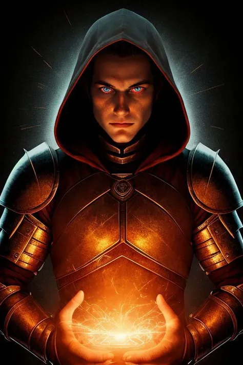 A dark ghostly male silhouette. Messenger of Gaa. Cracked skin. light armor. Cracked armor. Canvas hood. Runic circle. Elements. Power from inside. Glowing eyes. Bokeh blur. ral-dissolve.BadDream