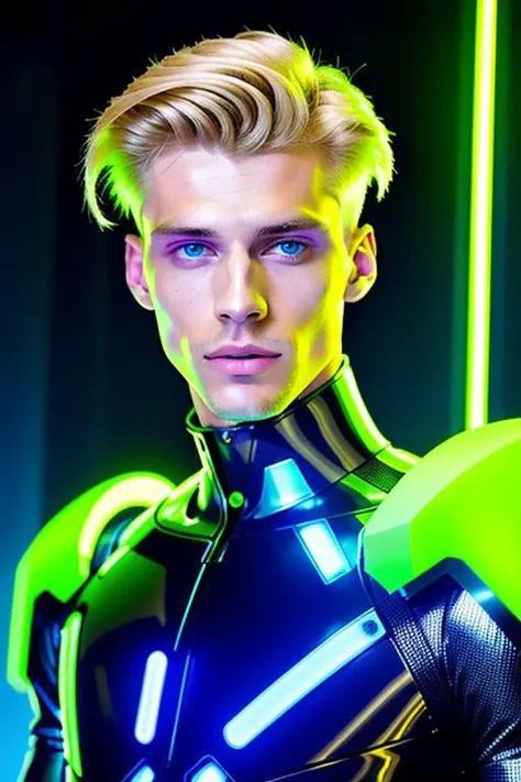 Experiment with a futuristic and tech-inspired fashion look featuring a 22-year-old blond male model in sleek, metallic-themed clothing. Utilize neon lights and a cyberpunk aesthetic for a cutting-edge and modern appeal, bokeh, extremely detailed, intricate, skin texture, film grain, HDR, 8k,hyper realistic, hard rim lighting, photography