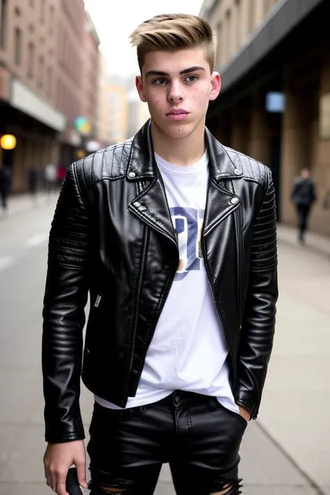 Create an urban street style scene featuring an 18-year-old guy in a leather jacket, ripped leather pants, and high-top sneakers. Employ gritty textures and desaturated tones to enhance the edgy and rebellious aesthetic. bokeh, extremely detailed, intricate, skin texture, film grain, HDR, 8k,hyper realistic, hard rim lighting, photography, dark theme