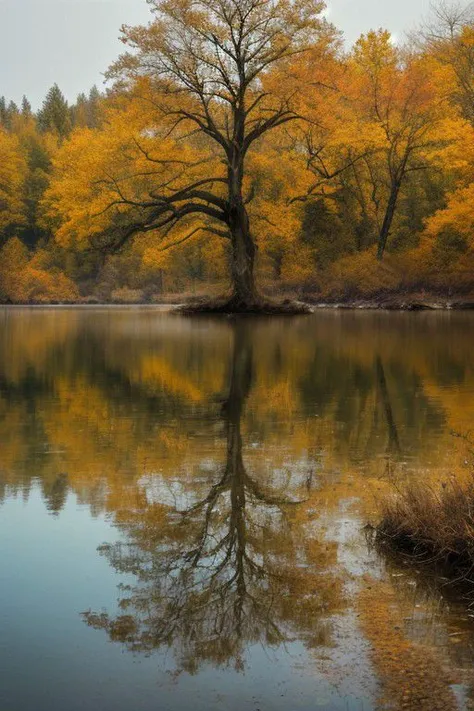 a lone tree in the middle of a body of water, breath-taking beautiful trees, breath - taking beautiful trees, autumn tranquility, very beautiful photo, perfect composition artem demura, national geographic photo, beautiful reflexions, beautiful photography, breathtaking composition, beautiful lake, nature wallpaper, national geographic photography, beautiful serene landscape, beautiful iphone wallpaper, amazing composition