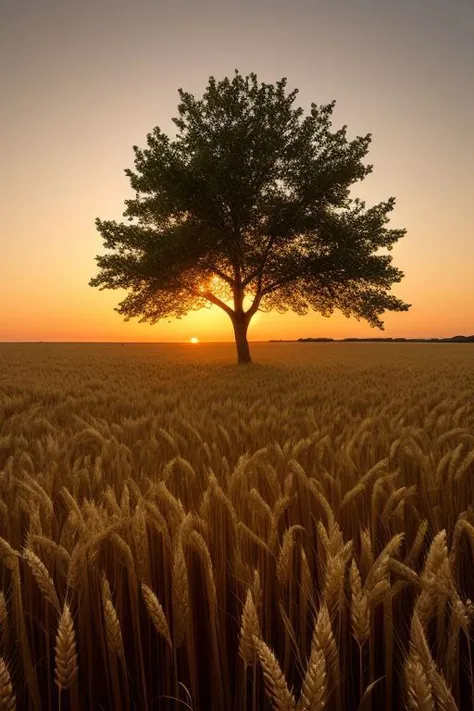 masterpiece, a lone tree in a field of wheat at sunset
