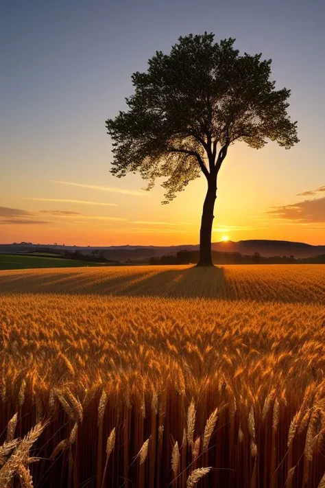 masterpiece, a lone tree in a field of wheat at sunset