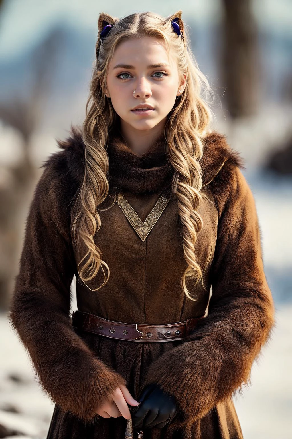 ((masterpiece)), 1girl, young , small breasts, medieval, fantasy, wiking, nordic, war paint wallpaper, official art, (( AM001_Liv_A face )) , ((cat eyes)), ((vertical pupil)) as (( Ulfrun, The Werebear Queen: Ulfrun is a fearsome warrior, queen of the werebears and ruler of the northern wastes. Her skin is a deep furry brown, and her eyes are a piercing green that seem to glow in the dark. Long, sharp claws extend from her hands, capable of tearing through steel and stone. She wears a suit of armor made from the pelts of her enemies, held together by dark magic and malicious intent. In her hand, she grips a massive bear tooth, capable of crushing entire battalions of warriors. )), realistic, best quality, ultrasharp, ultradetailed, intricated details, , , vivid colors , full body shoot, strong shafows, deep of field , bokeh AS-YoungV2