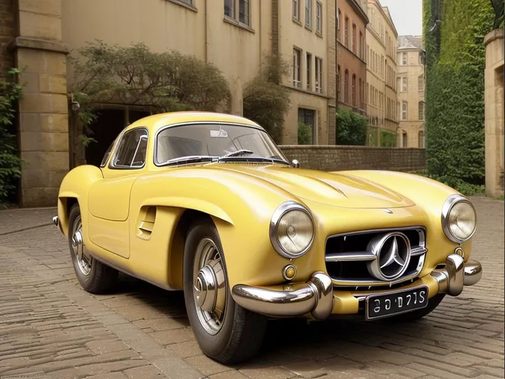 <lora:50s_hyper_car_homage:0.75>, sexy woman in a 50s_hyper_car, background, benz, car, cobblestone, lot, parked, yellow