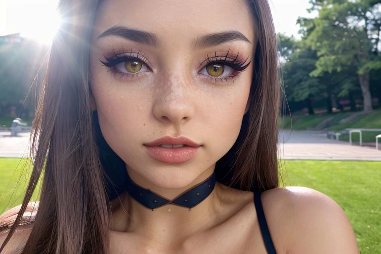 cinematic photo photo of IcedMocha <lora:IcedMocha:0.9> dynamic posture, slender physique, pouty, teasing smirk, (extremely detailed:1.3), (textured skin:1.3), (slutty makeup:1.3), small, petite, lipstick, (detailed eyes), highres, realistic lighting, freckles, choker, (sexy clothes:1.2), (background in public park:1.2), (sunny:1.3), nude, large breasts, . 35mm photograph, film, bokeh, professional, 4k, highly detailed